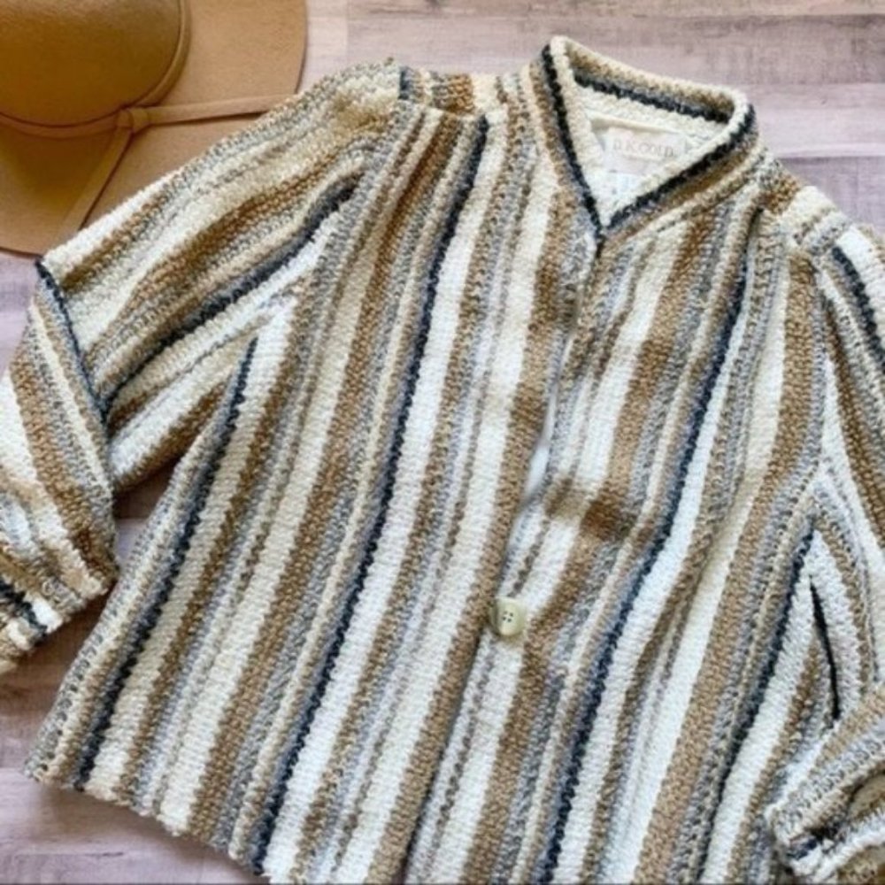 Vintage 80s Neutral Chunky Knit Balloon Sleeve Cardigan Sweater Jacket Large
